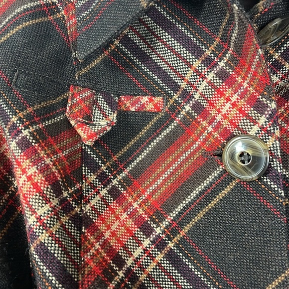 Plaid belted tweed large button peplum hem lined jacket Sz S/M Red/Brwn - Picture 8 of 14